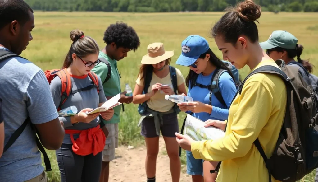 Visitors preparing for a hike at Hickory Creek Barrens Nature Preserve Illinois with proper gear and maps Visitors preparing for a hike at Hickory Creek Barrens Nature Preserve Illinois with proper gear and maps