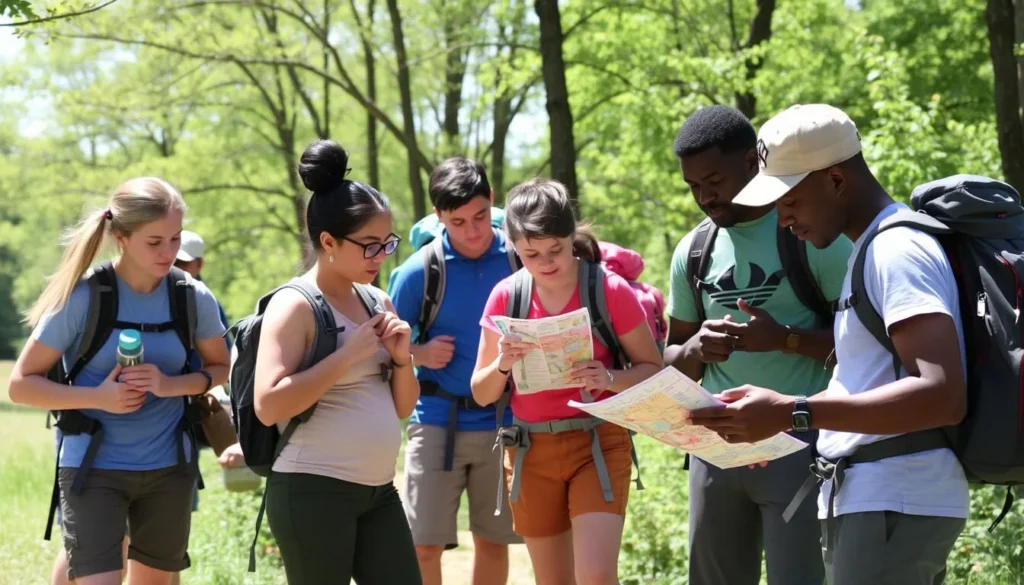 Visitors preparing for a hike at Johnson-Sauk Trail Nature Preserve Visitors preparing for a hike at Johnson-Sauk Trail Nature Preserve