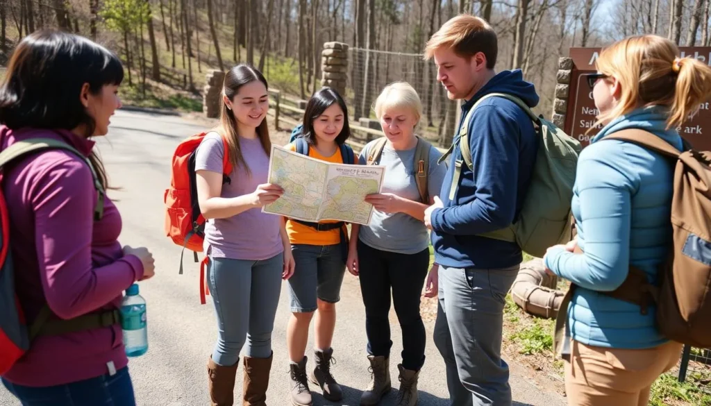 Visitors preparing for a hike at Linn Run State Park with proper gear Visitors preparing for a hike at Linn Run State Park with proper gear