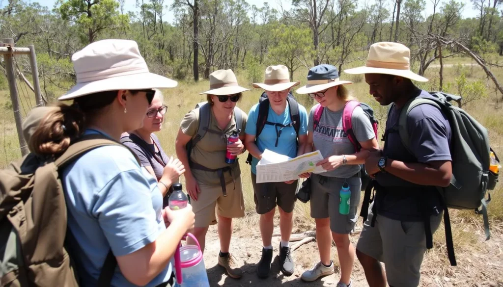 Visitors preparing for a hike at Price's Scrub State Park with proper gear