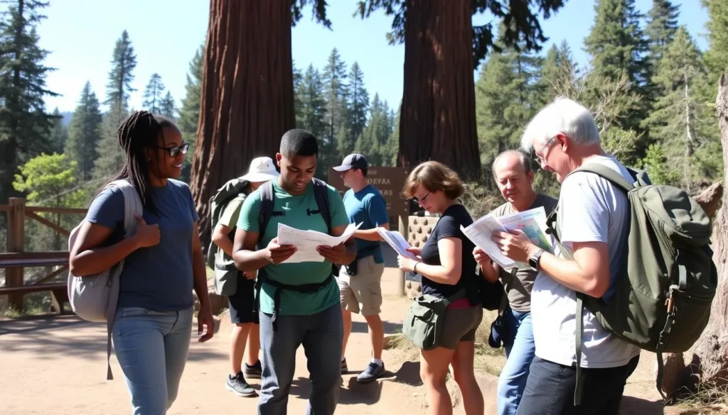 Visitors preparing for a hike in Navarro River Redwoods State Park California Visitors preparing for a hike in Navarro River Redwoods State Park California