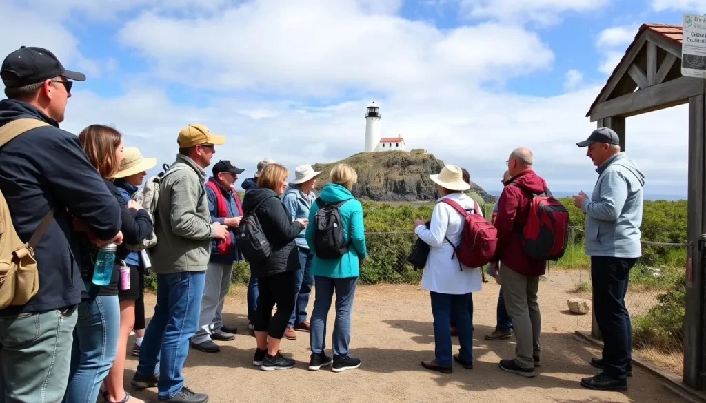 Visitors preparing for a tour at Point Sur State Historic Park with appropriate gear and attire