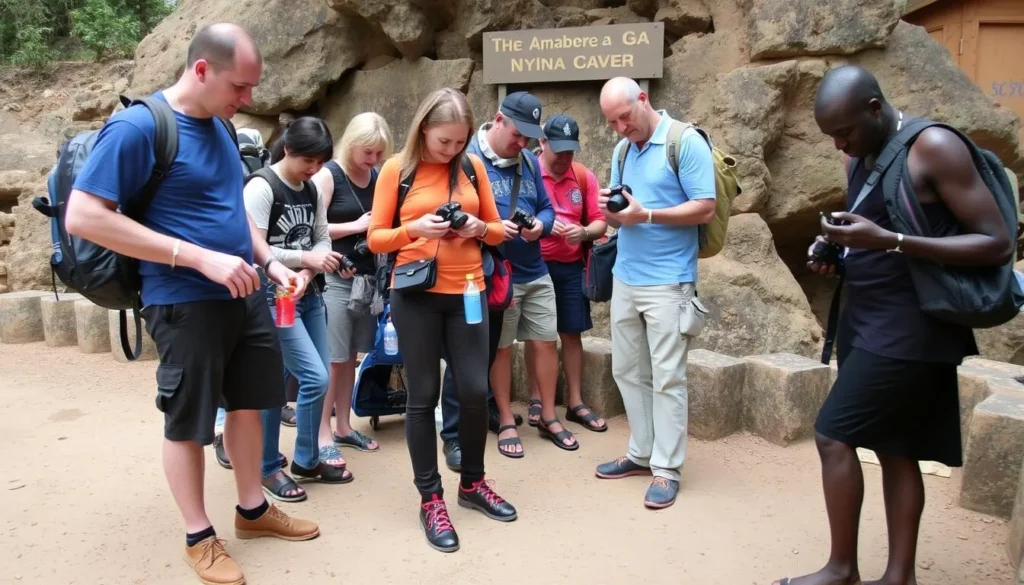 Visitors preparing for a tour of Amabere Ga Nyina Mwiru Caves with proper equipment