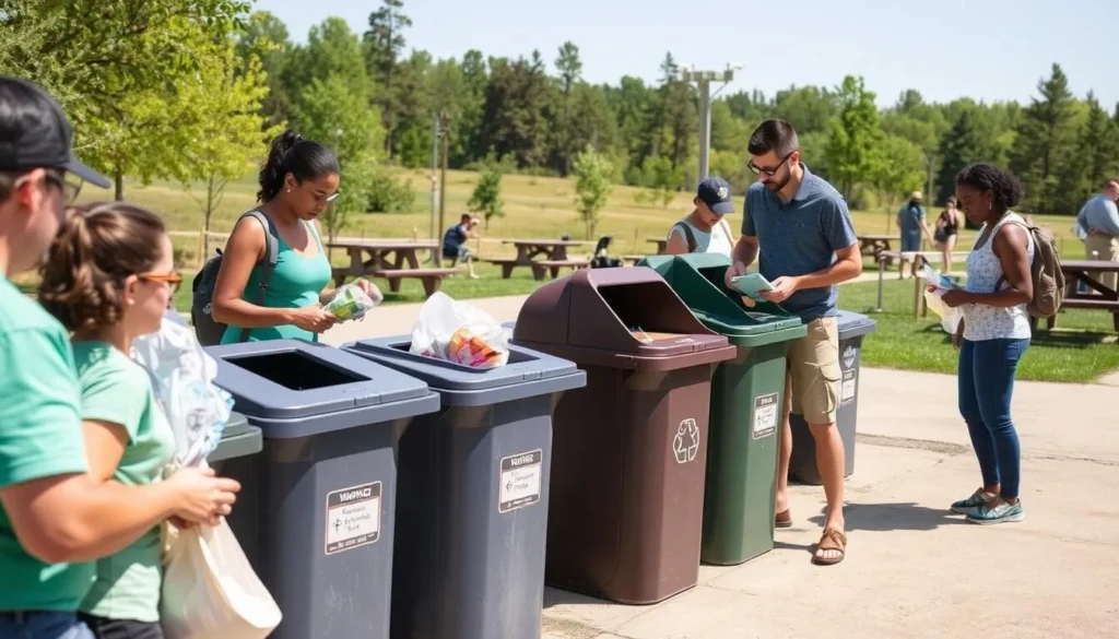 Visitors properly disposing of trash in designated receptacles at LaSalle Lake State Park Visitors properly disposing of trash in designated receptacles at LaSalle Lake State Park