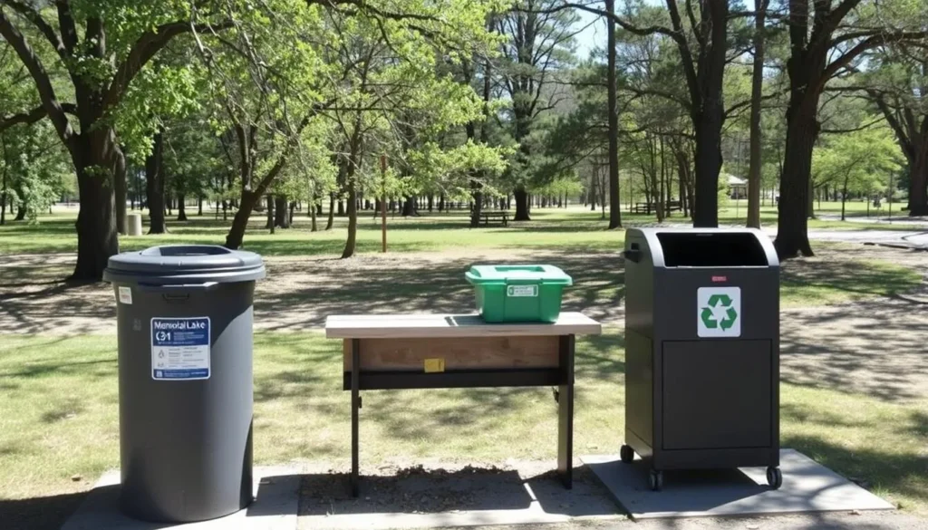 Visitors properly disposing of trash in designated receptacles at Memorial Lake State Park Visitors properly disposing of trash in designated receptacles at Memorial Lake State Park