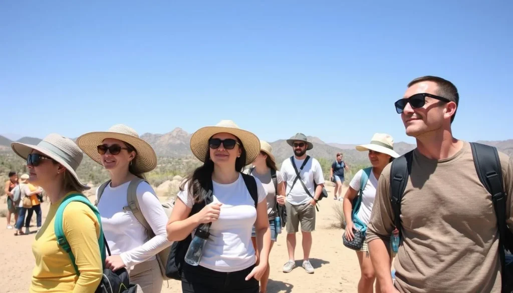 Visitors properly prepared for desert conditions at Picacho State Recreation Area with sun protection and water Visitors properly prepared for desert conditions at Picacho State Recreation Area with sun protection and water
