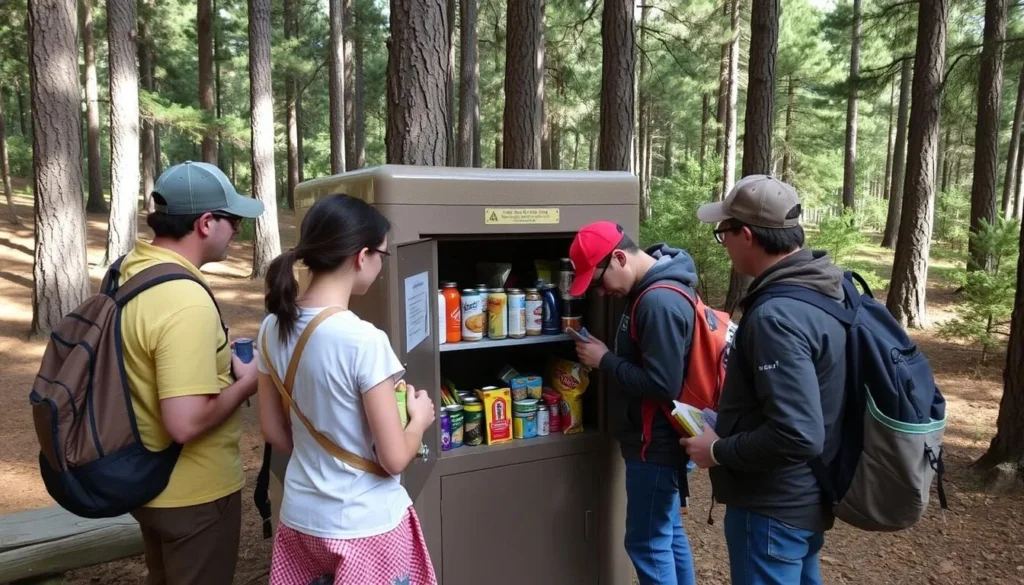 Visitors properly storing food in a bear-proof food locker at a campsite in Ed Z'berg Sugar Pine Point State Park Visitors properly storing food in a bear-proof food locker at a campsite in Ed Z'berg Sugar Pine Point State Park
