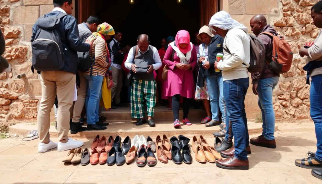 Visitors removing shoes before entering Wukro Chirkos Church