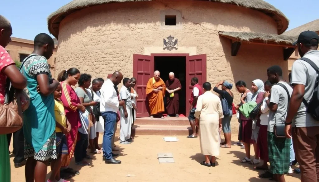 Visitors removing shoes before entering a monastery on Dek Island