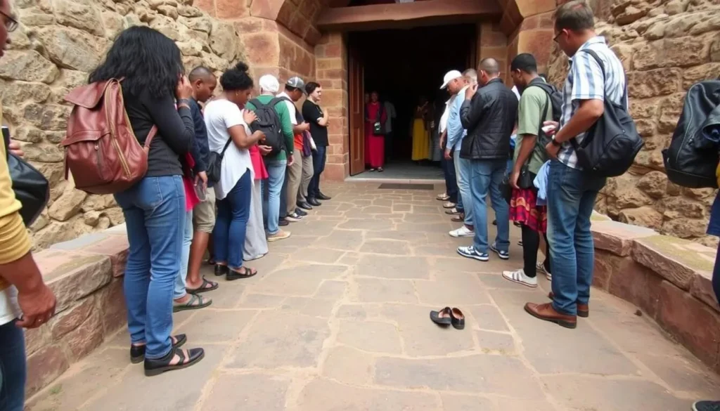 Visitors removing shoes before entering one of the Rock-Hewn Churches of Lalibela Ethiopia