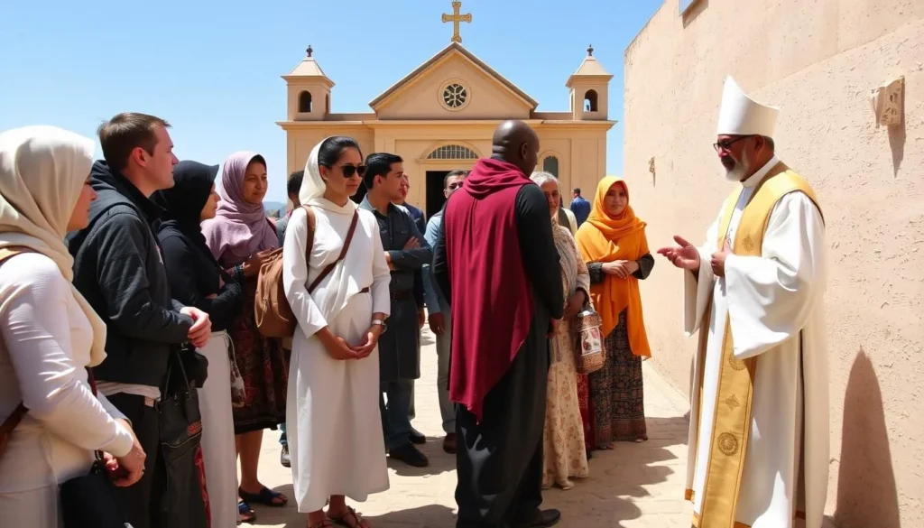 Visitors respectfully dressed entering an Ethiopian Orthodox monastery on Lake Tana Visitors respectfully dressed entering an Ethiopian Orthodox monastery on Lake Tana
