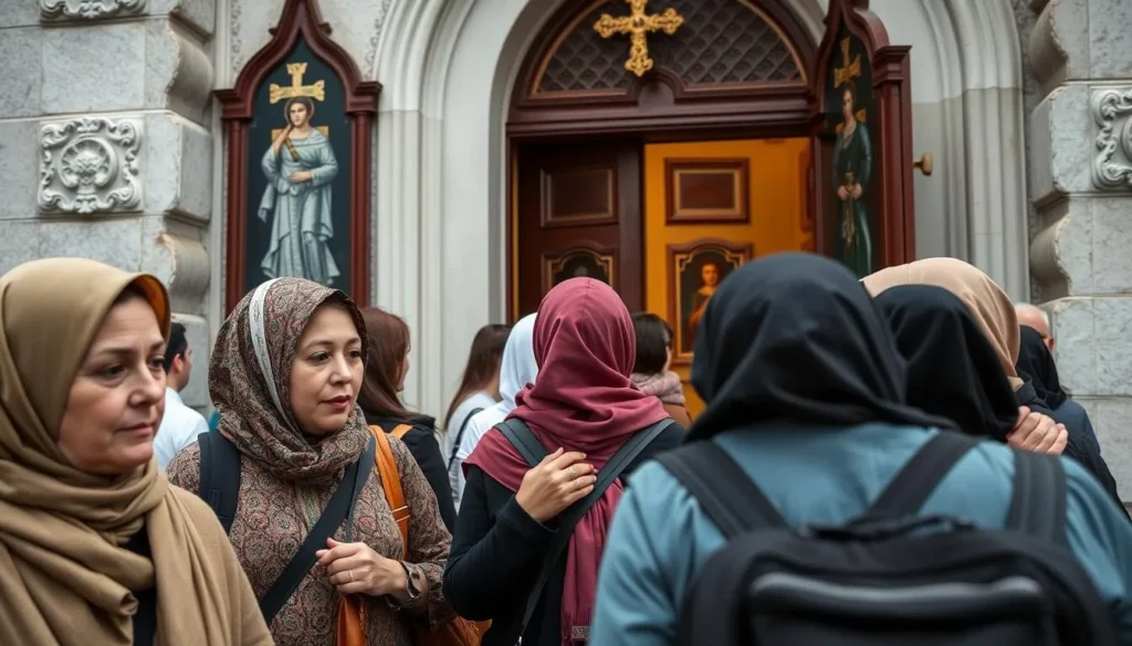 Visitors respectfully entering a Russian Orthodox church in Yaroslavl