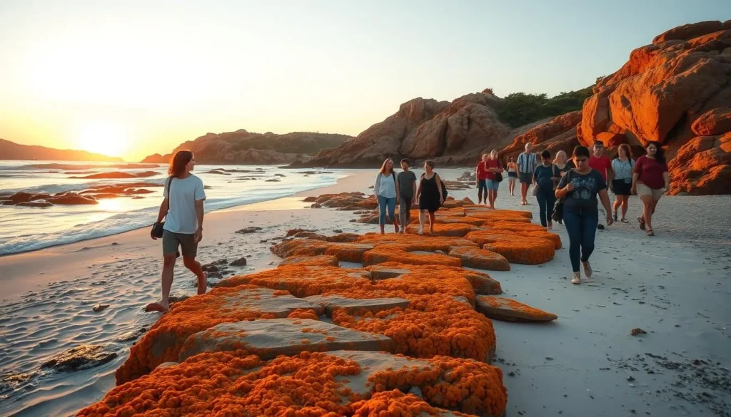 Visitors respectfully exploring Binalong Bay beach at sunset Visitors respectfully exploring Binalong Bay beach at sunset