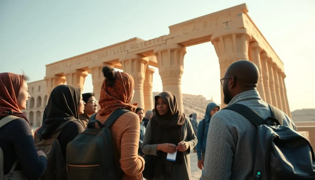 Visitors respectfully exploring Dendera Temple with appropriate attire and a local guide explaining the site Visitors respectfully exploring Dendera Temple with appropriate attire and a local guide explaining the site