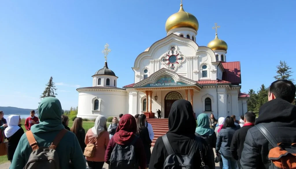Visitors respectfully exploring a church near Lake Plescheevo with proper attire