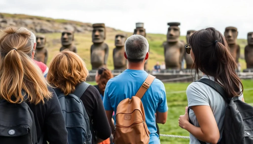Visitors respectfully observing moai statues from a distance, demonstrating proper etiquette covered in this Easter Island travel guide