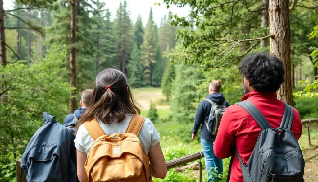 Visitors respectfully observing nature in Nizhnyaya Kama National Park Russia