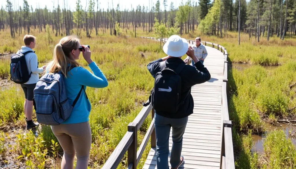 Visitors respectfully observing nature in Smolenskoye Poozerye National Park on a boardwalk through a bog area Visitors respectfully observing nature in Smolenskoye Poozerye National Park on a boardwalk through a bog area