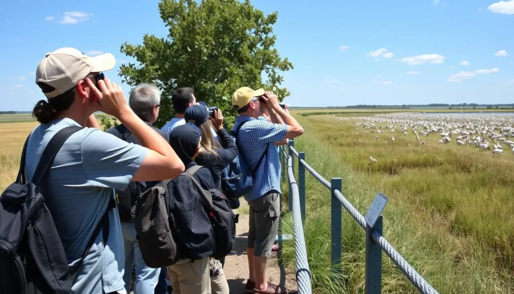 Visitors respectfully observing wildlife on Goose Island from designated viewing area Visitors respectfully observing wildlife on Goose Island from designated viewing area