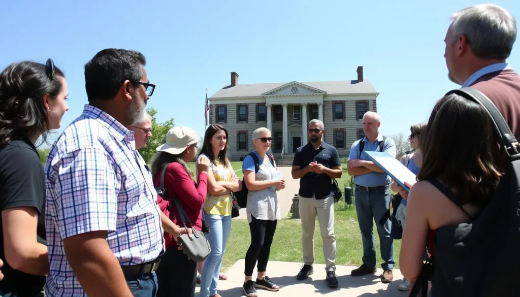 Visitors respectfully touring a Lincoln historic site with a guide providing information
