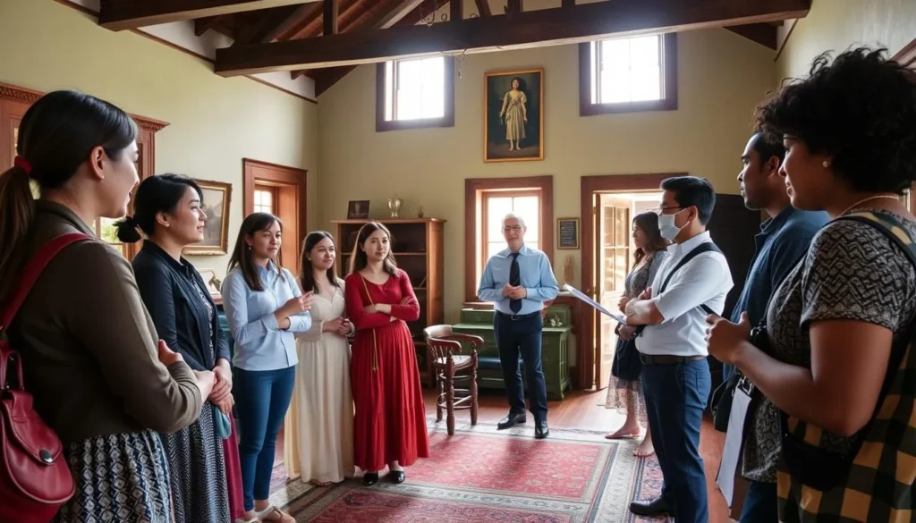 Visitors respectfully touring a historic building at Monterey State Historic Park with a guide Visitors respectfully touring a historic building at Monterey State Historic Park with a guide