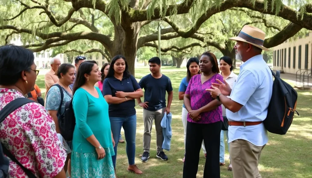 Visitors respectfully touring a historic plantation with a guide explaining local customs and history