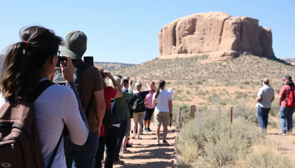 Visitors respectfully viewing Camel Rock from designated area