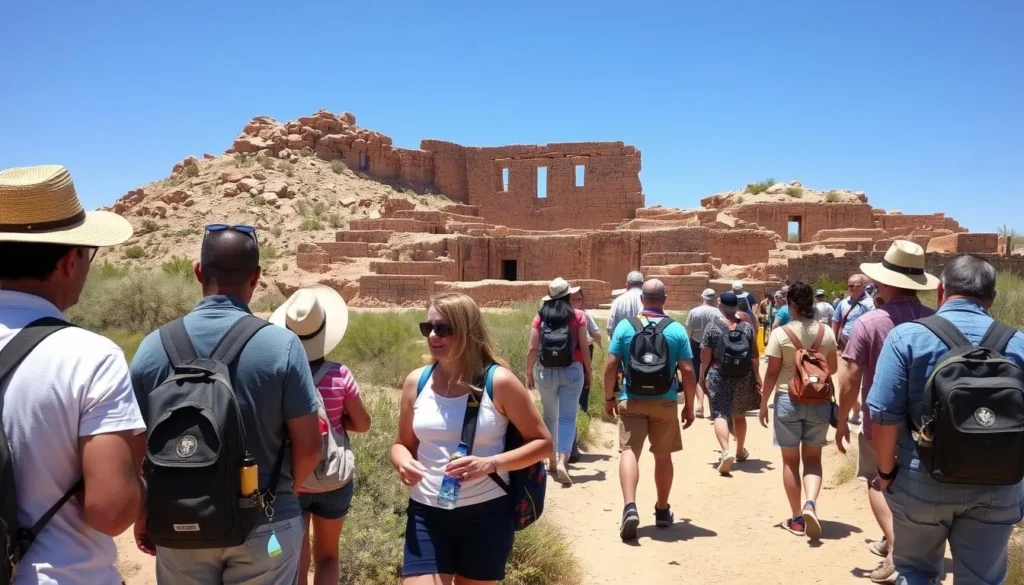 Visitors respectfully viewing Casa Grande Ruins with proper attire for desert conditions