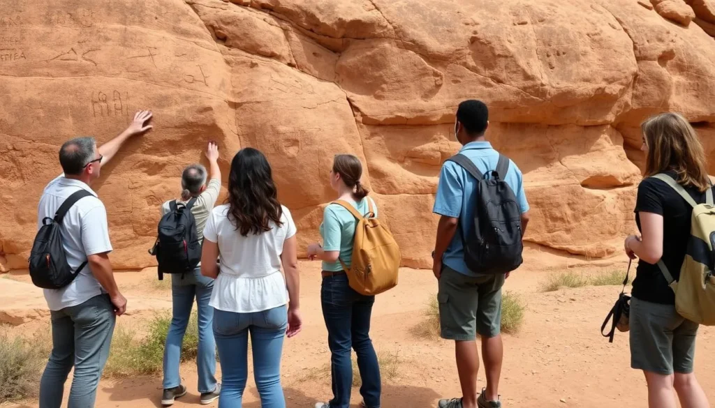 Visitors respectfully viewing petroglyphs at Chaco Culture National Historical Park Visitors respectfully viewing petroglyphs at Chaco Culture National Historical Park