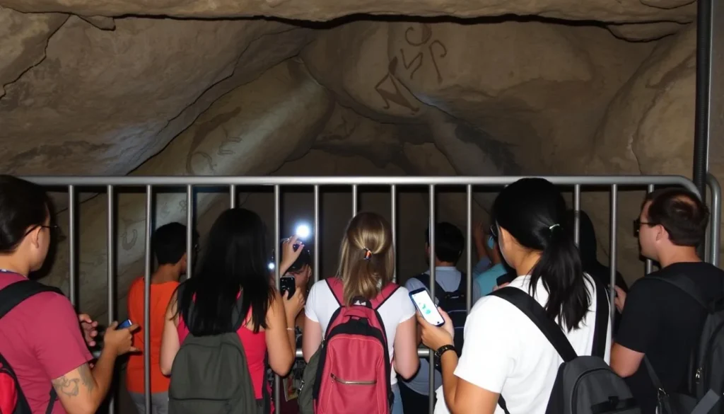 Visitors respectfully viewing the Chumash rock art through the protective gate at Chumash Painted Cave State Historic Park Visitors respectfully viewing the Chumash rock art through the protective gate at Chumash Painted Cave State Historic Park