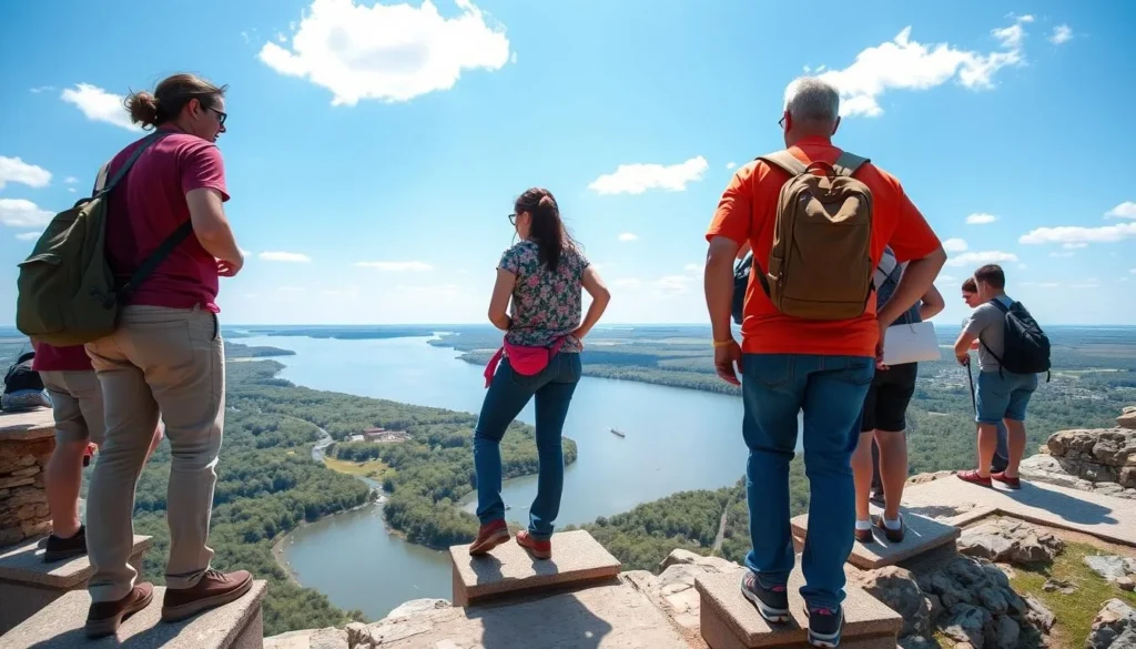 Visitors safely enjoying Fort Defiance State Park Illinois from designated viewing areas