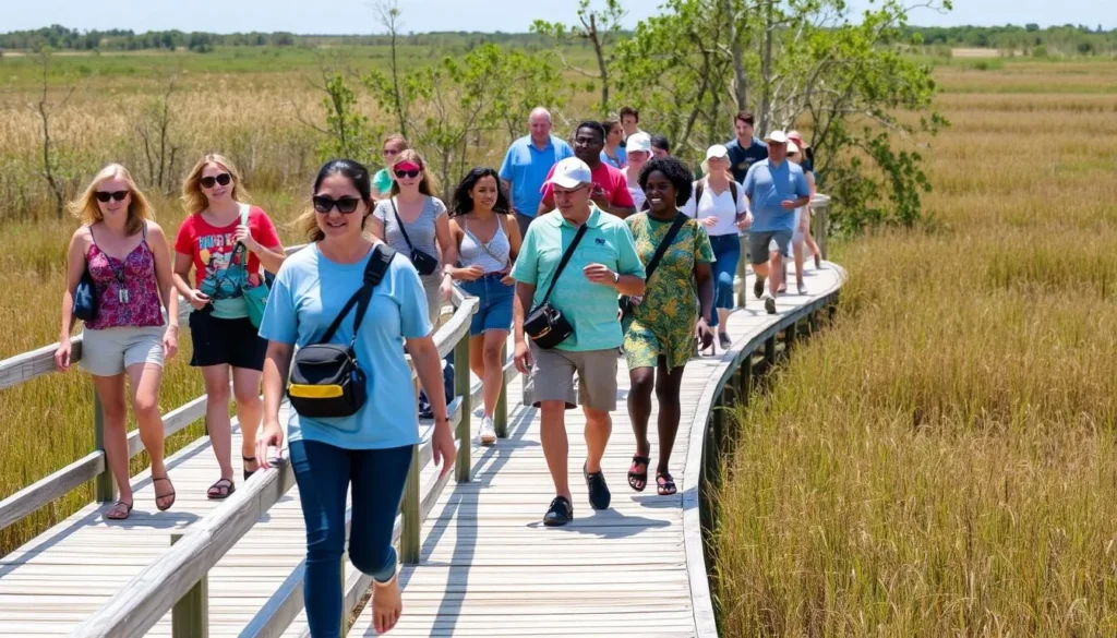 Visitors safely enjoying a boardwalk trail at Timucuan Ecological and Historic Preserve Florida