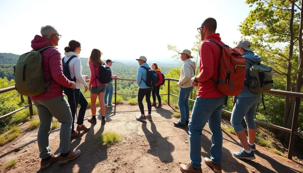 Visitors safely enjoying a viewpoint at Big Pocono State Park with proper gear Visitors safely enjoying a viewpoint at Big Pocono State Park with proper gear