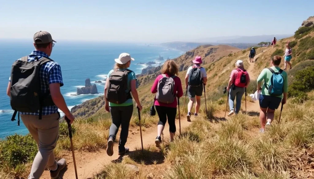 Visitors safely enjoying the coastal trails at Russian Gulch State Park with proper hiking gear Visitors safely enjoying the coastal trails at Russian Gulch State Park with proper hiking gear