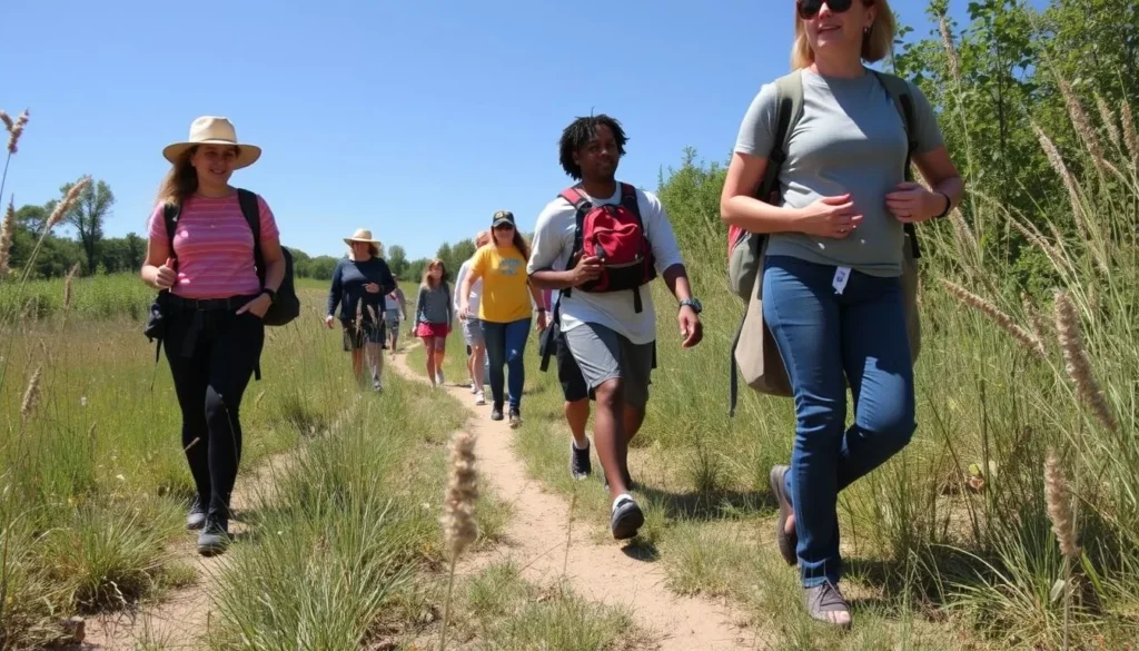 Visitors safely exploring Goose Lake Prairie State Park Illinois on designated trails Visitors safely exploring Goose Lake Prairie State Park Illinois on designated trails