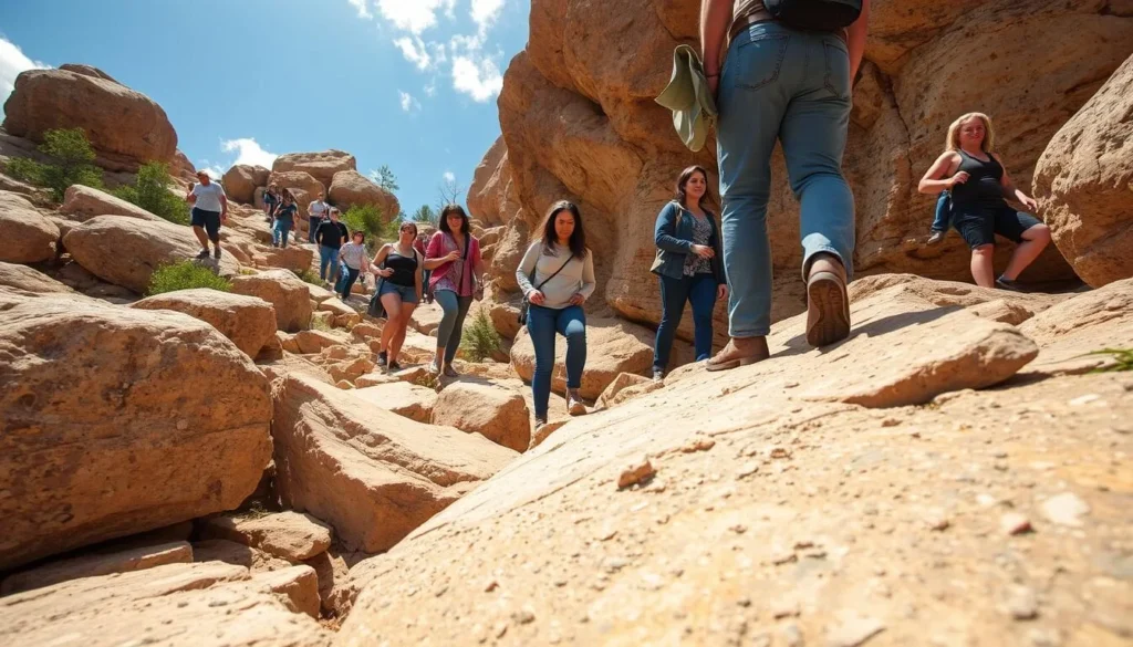 Visitors safely exploring rocky terrain at Mount Davis Visitors safely exploring rocky terrain at Mount Davis