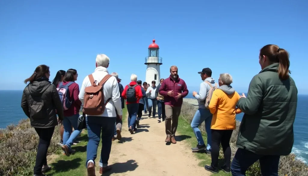 Visitors safely navigating the path to Point Sur Lighthouse with proper attire for the conditions