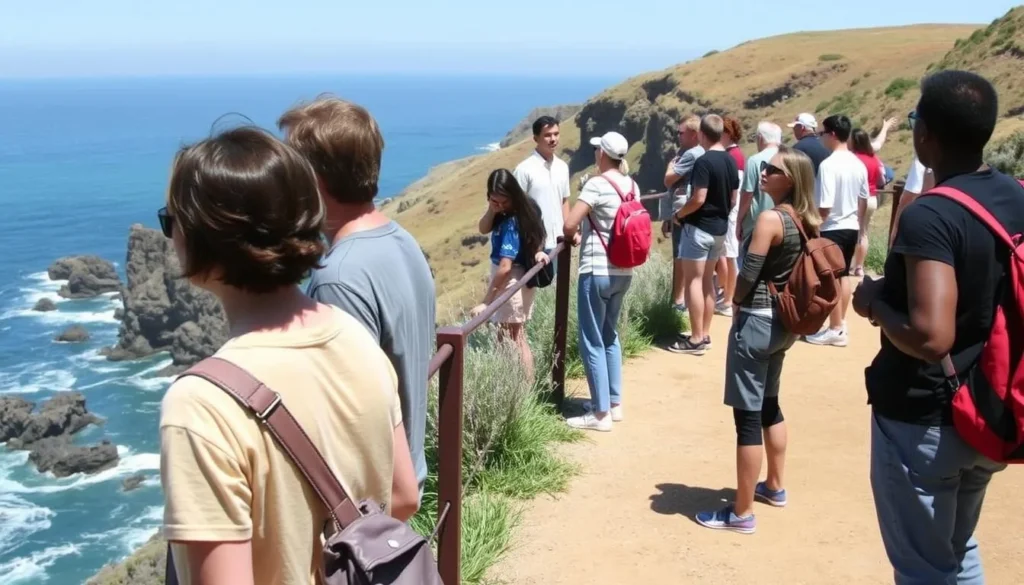 Visitors safely observing coastal areas at Fort Ross State Historic Park California Visitors safely observing coastal areas at Fort Ross State Historic Park California