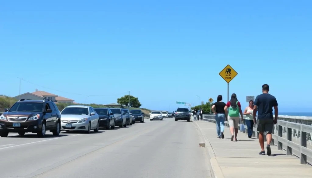 Visitors walking along Moonstone Beach Drive with parked cars and ocean views Visitors walking along Moonstone Beach Drive with parked cars and ocean views