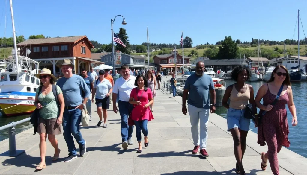 Visitors walking along the harbor area of Moss Landing with fishing boats and shops visible Visitors walking along the harbor area of Moss Landing with fishing boats and shops visible