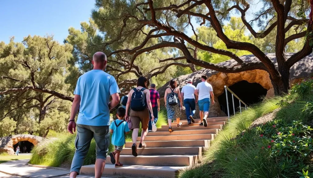 Visitors walking along the short trail from the parking area to Chumash Painted Cave entrance in the Santa Ynez Mountains Visitors walking along the short trail from the parking area to Chumash Painted Cave entrance in the Santa Ynez Mountains