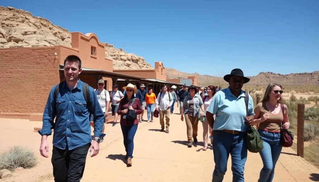 Visitors walking around the Hubbell Trading Post grounds and historic buildings