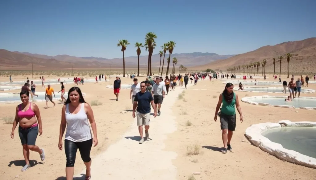 Visitors walking between the different hot spring areas at Saline Valley
