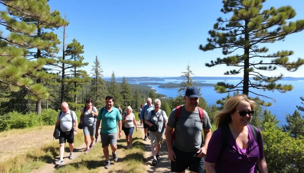 Visitors walking down the Vikingsholm Trail with Emerald Bay and Fannette Island visible in the background Visitors walking down the Vikingsholm Trail with Emerald Bay and Fannette Island visible in the background