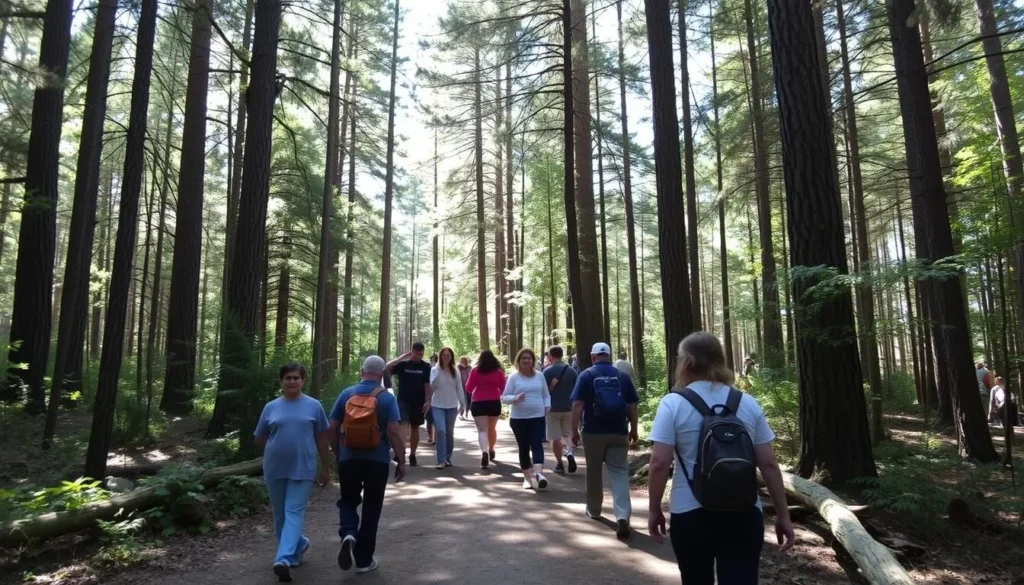 Visitors walking on a forest trail at Ed Z'berg Sugar Pine Point State Park with tall pine trees Visitors walking on a forest trail at Ed Z'berg Sugar Pine Point State Park with tall pine trees