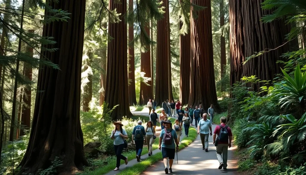 Visitors walking on a well-maintained trail through redwood forest in Humboldt Redwoods State Park Visitors walking on a well-maintained trail through redwood forest in Humboldt Redwoods State Park
