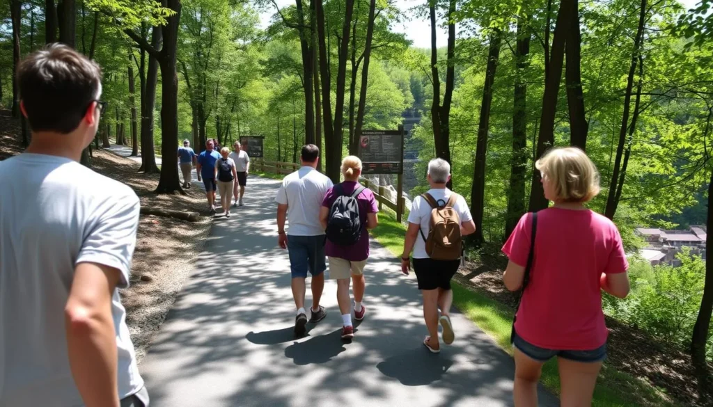 Visitors walking on the accessible paved path to the main overlook at Leonard Harrison State Park Pennsylvania Visitors walking on the accessible paved path to the main overlook at Leonard Harrison State Park Pennsylvania