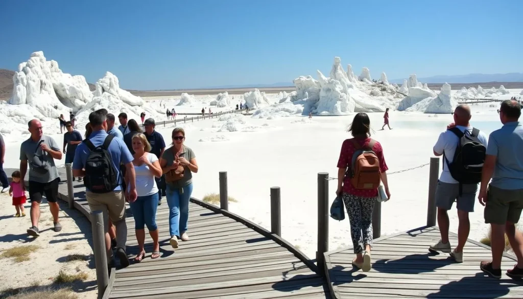 Visitors walking on the boardwalk trail at Mono Lake Tufa State Natural Reserve Visitors walking on the boardwalk trail at Mono Lake Tufa State Natural Reserve