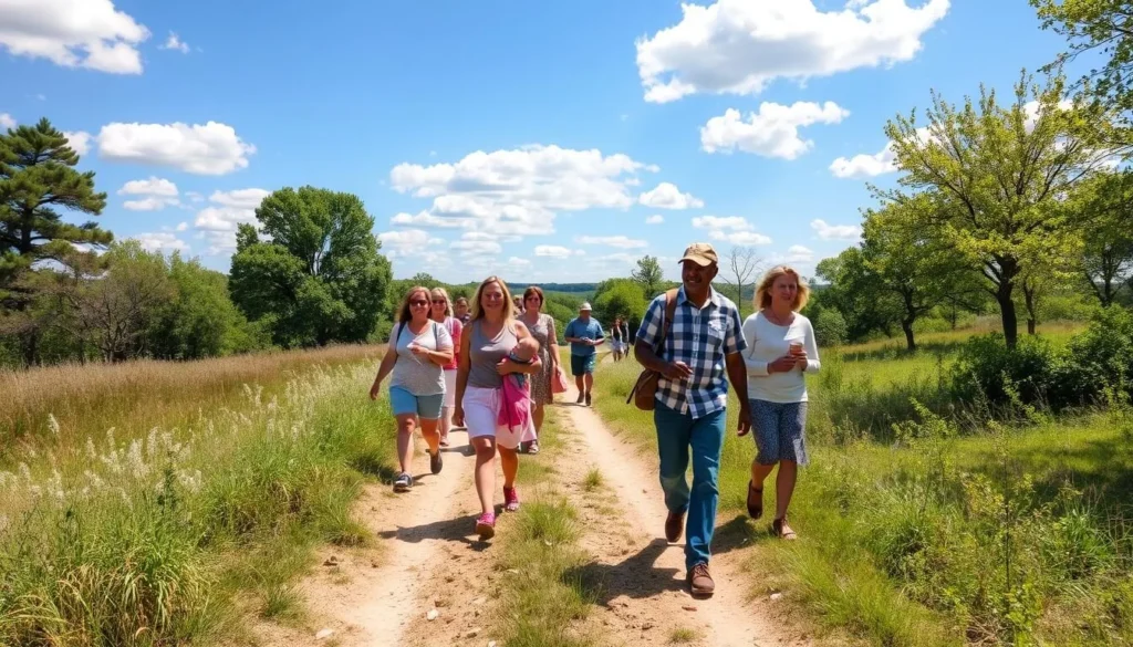 Visitors walking on trails at Fort Necessity National Battlefield Pennsylvania on a sunny day Visitors walking on trails at Fort Necessity National Battlefield Pennsylvania on a sunny day