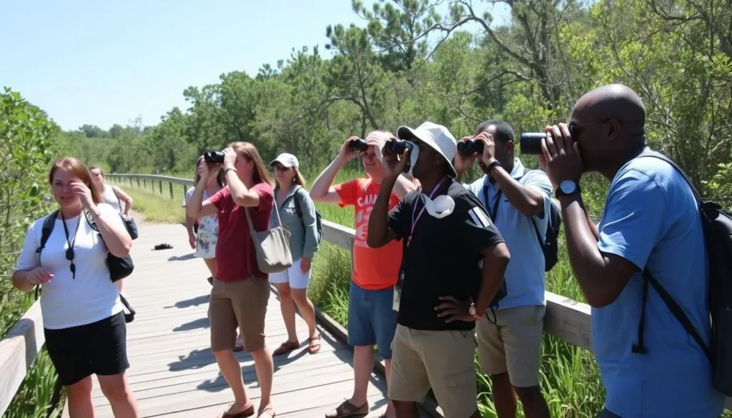 Visitors with binoculars and camera at Abita Creek Flatwoods Preserve Louisiana Visitors with binoculars and camera at Abita Creek Flatwoods Preserve Louisiana